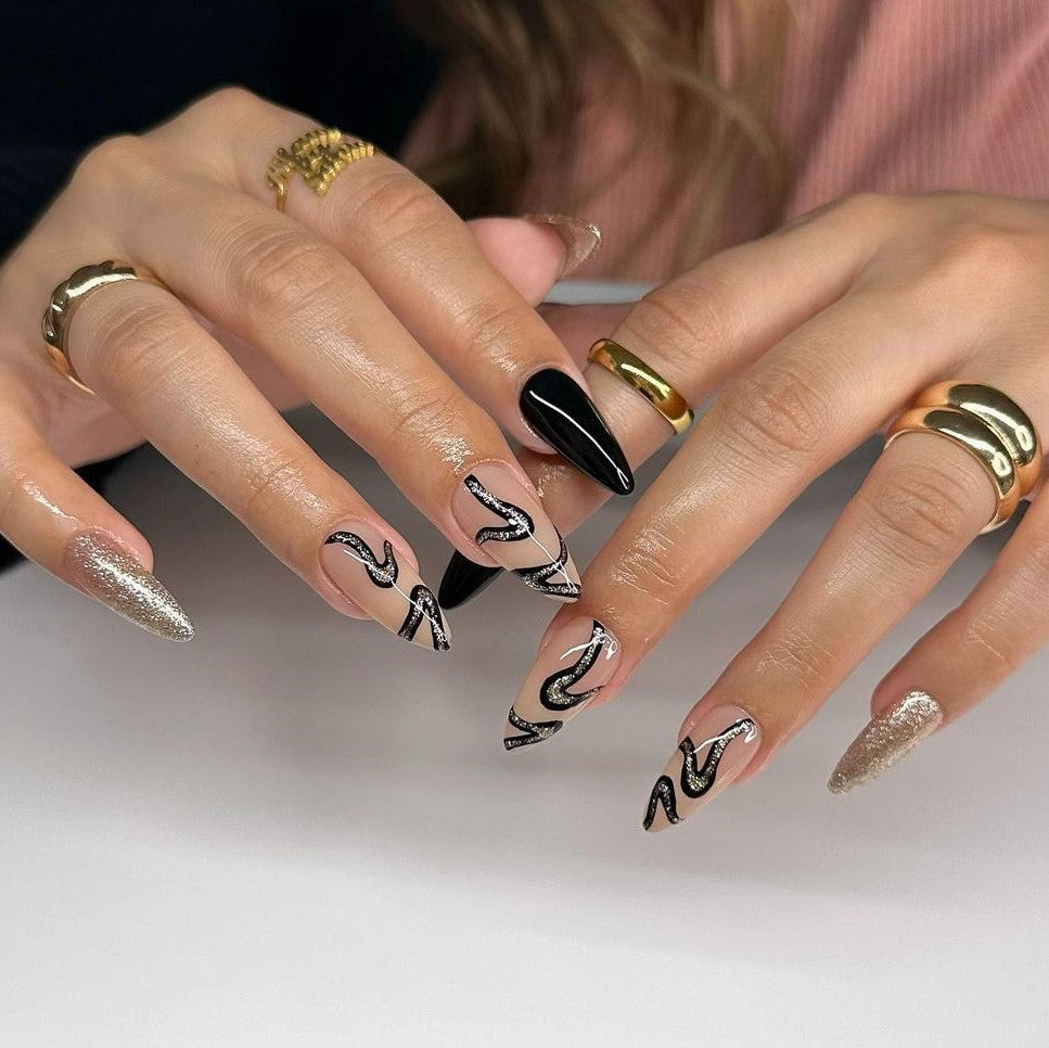 Glossy Black Swirls Press on Fake Nails // tns480
