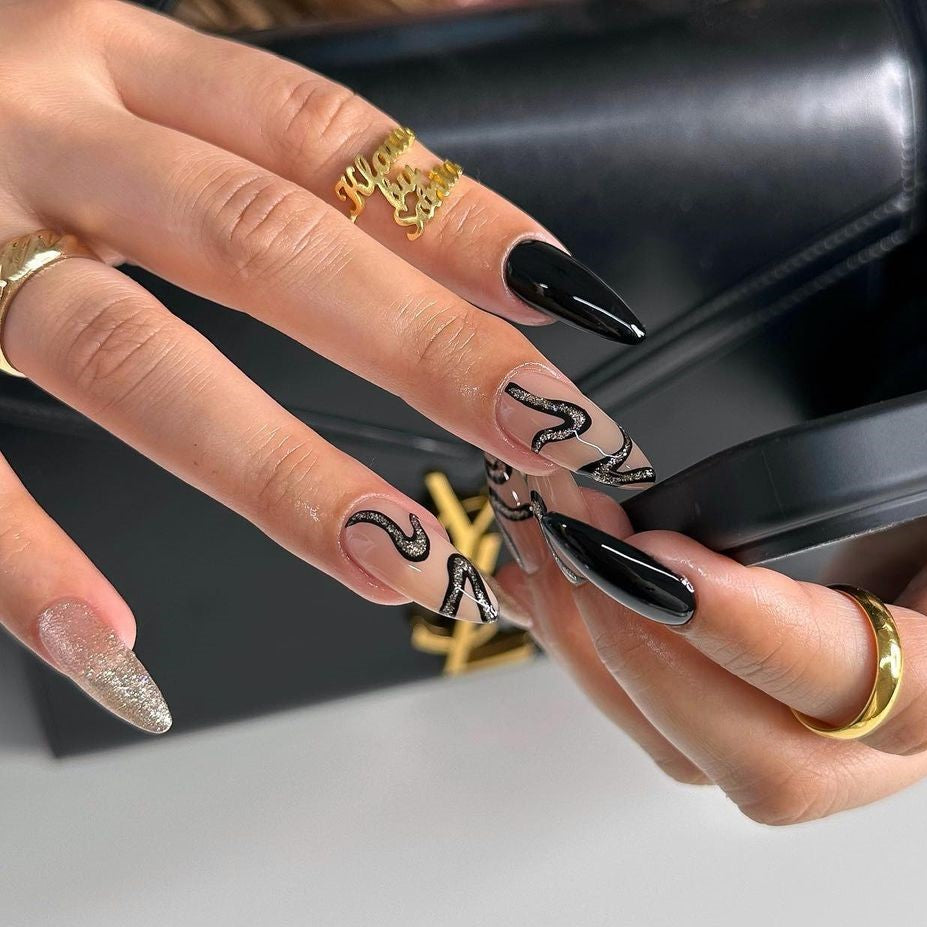 Glossy Black Swirls Press on Fake Nails // tns480