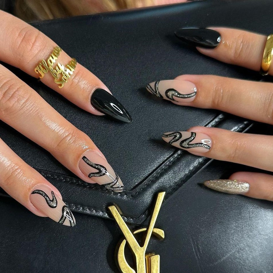 Glossy Black Swirls Press on Fake Nails // tns480