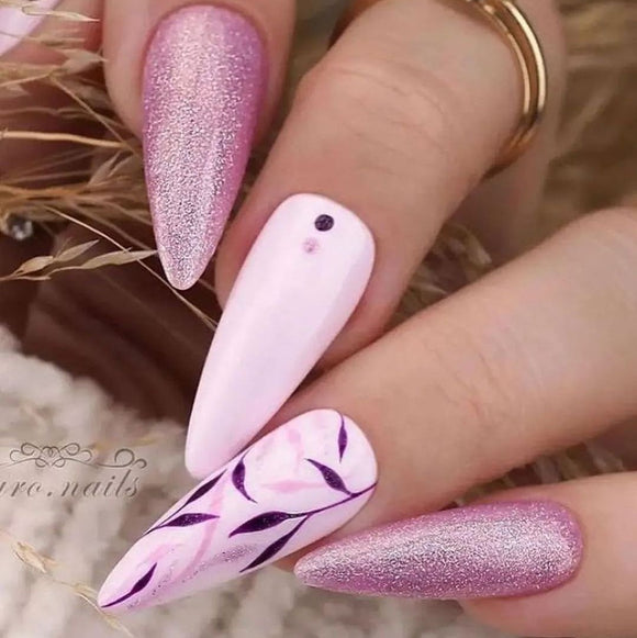 Glossy Pink Glitter Floral Press on Fake Nails // tns499