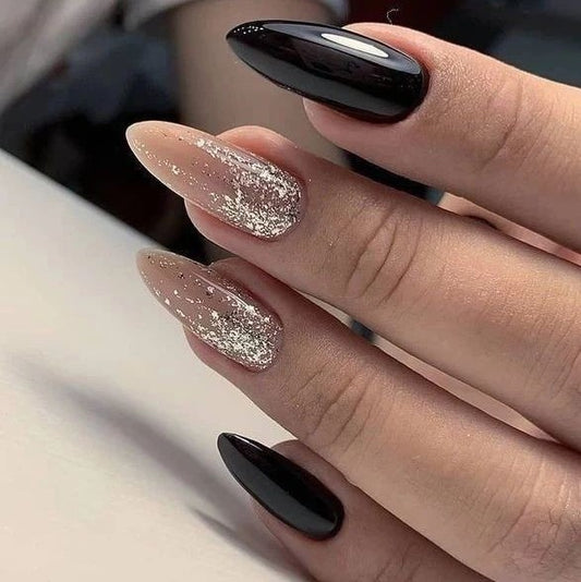 Glossy Black Glitter  Press on Fake Nails // tns455