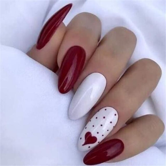 Glossy Red and White Heart Press on Fake Nails // tns595