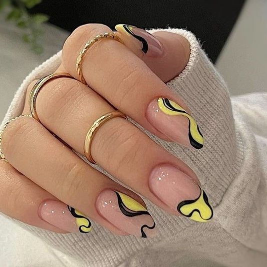 Glossy Yellow Swirls Press on Fake Nails // tns471