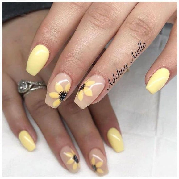 Glossy Yellow Floral Press on Fake Nails // tns170