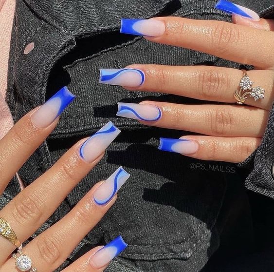 Matte Blue Swirls Press on Fake Nails // tns187