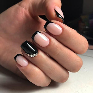 Glossy Black Studded French Press on Fake Nails // tns491