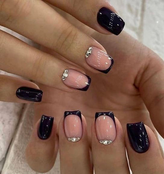 Glossy Black Studded French Press on Fake Nails // tns497