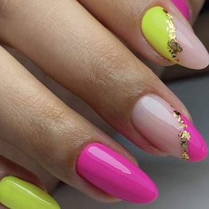 Glossy Pink and Yellow French Press on Fake Nails // tns465
