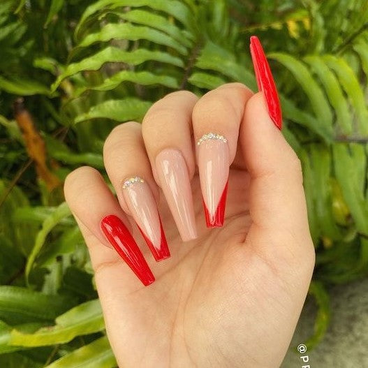 Glossy Red French Glitter Press on Fake Nails // tns178