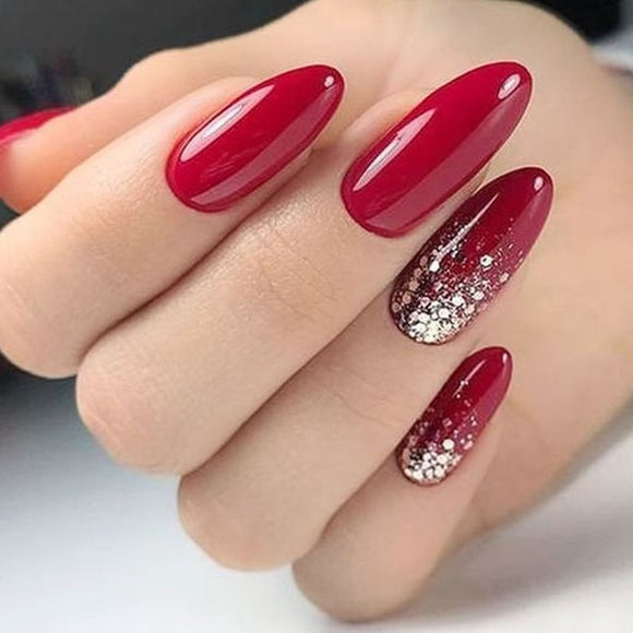 Glossy Red Glitter Ombre Press on Fake Nails // tns451