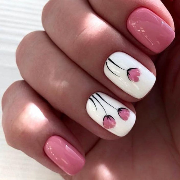 Glossy Pink Floral Press on Fake Nails // tns184