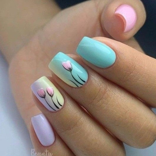Glossy Blue and Pink Floral Press on Fake Nails // tns179