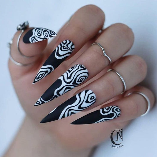 Matte Black Swirls Press on Fake Nails // tns436