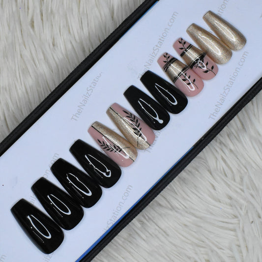 Glossy Black with Golden Leaves Press on Nails Set 386