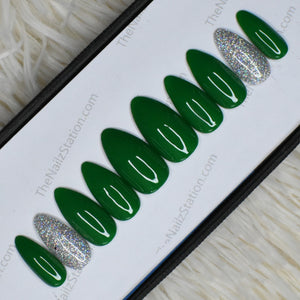 Glossy Green Silver Holographic Glitter Press on Nails Set // 521