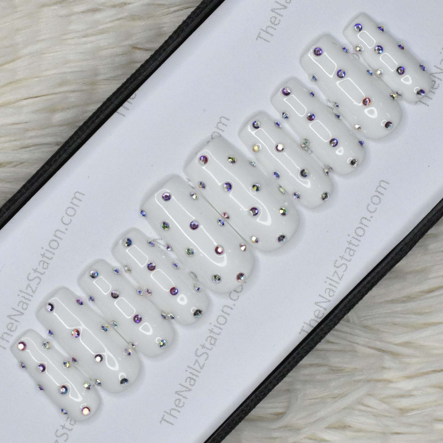 Glossy White Rhinestones Press on Nails Set // 469