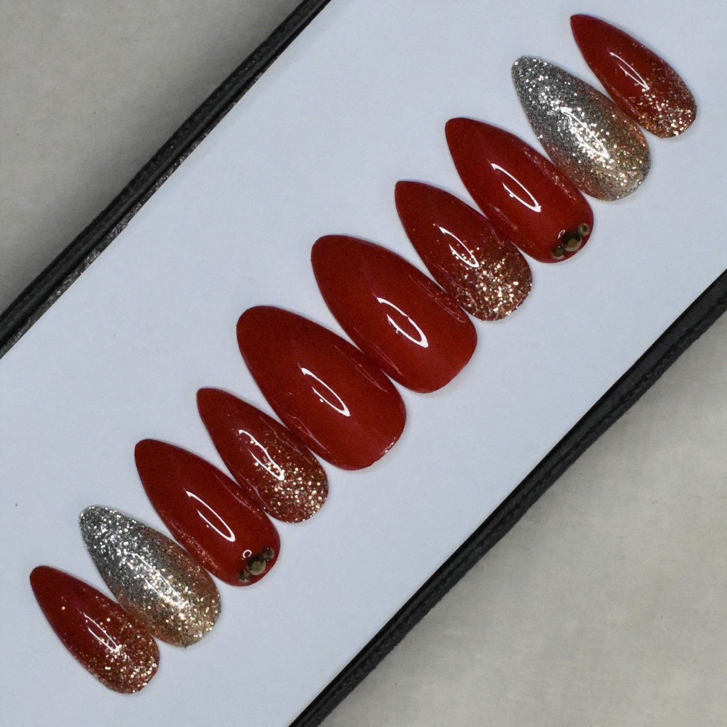 Glossy Red with Silver and Golden Glitter rhinestones Press on Nails Set //395