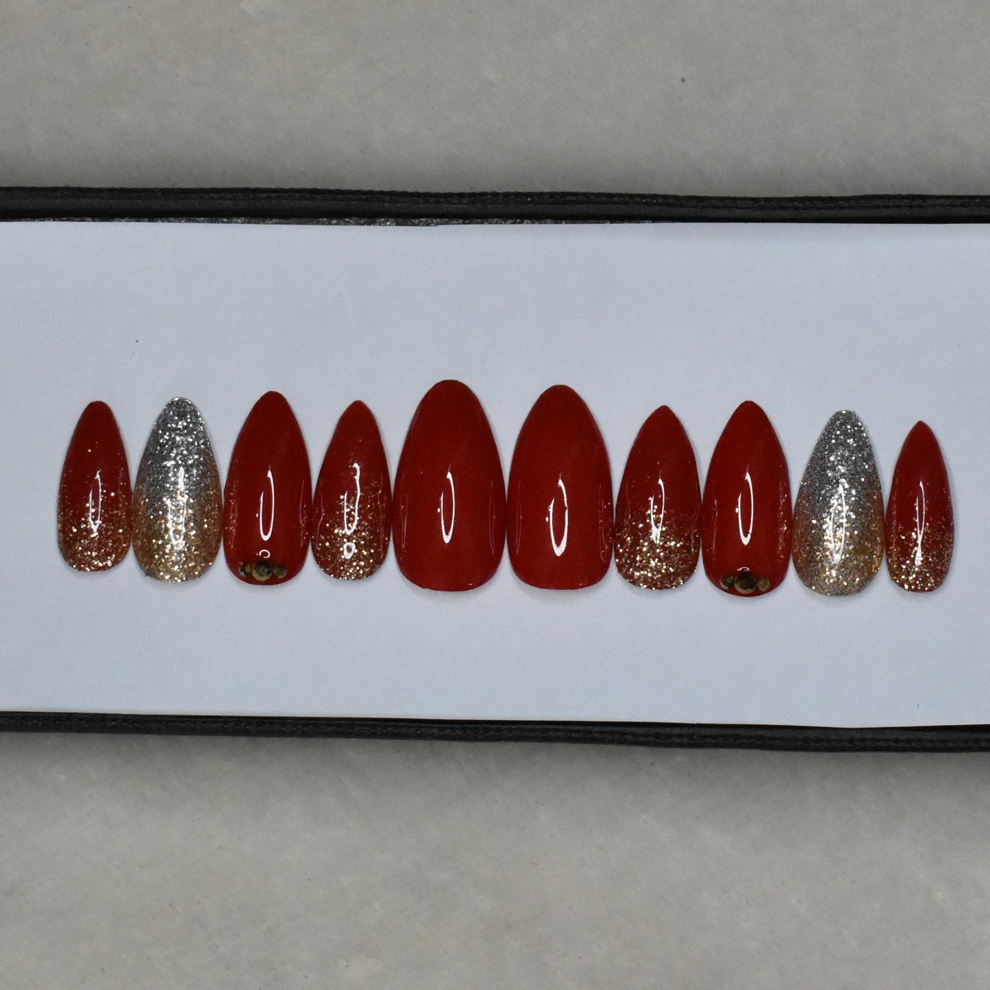 Glossy Red with Silver and Golden Glitter rhinestones Press on Nails Set //395