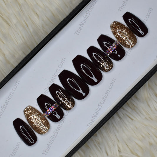 Glossy Dark Maroon Glitter and Rhinestones Press on Nails Set // 351