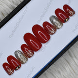 Glossy Red with Silver and Golden Glitter rhinestones Press on Nails Set //395