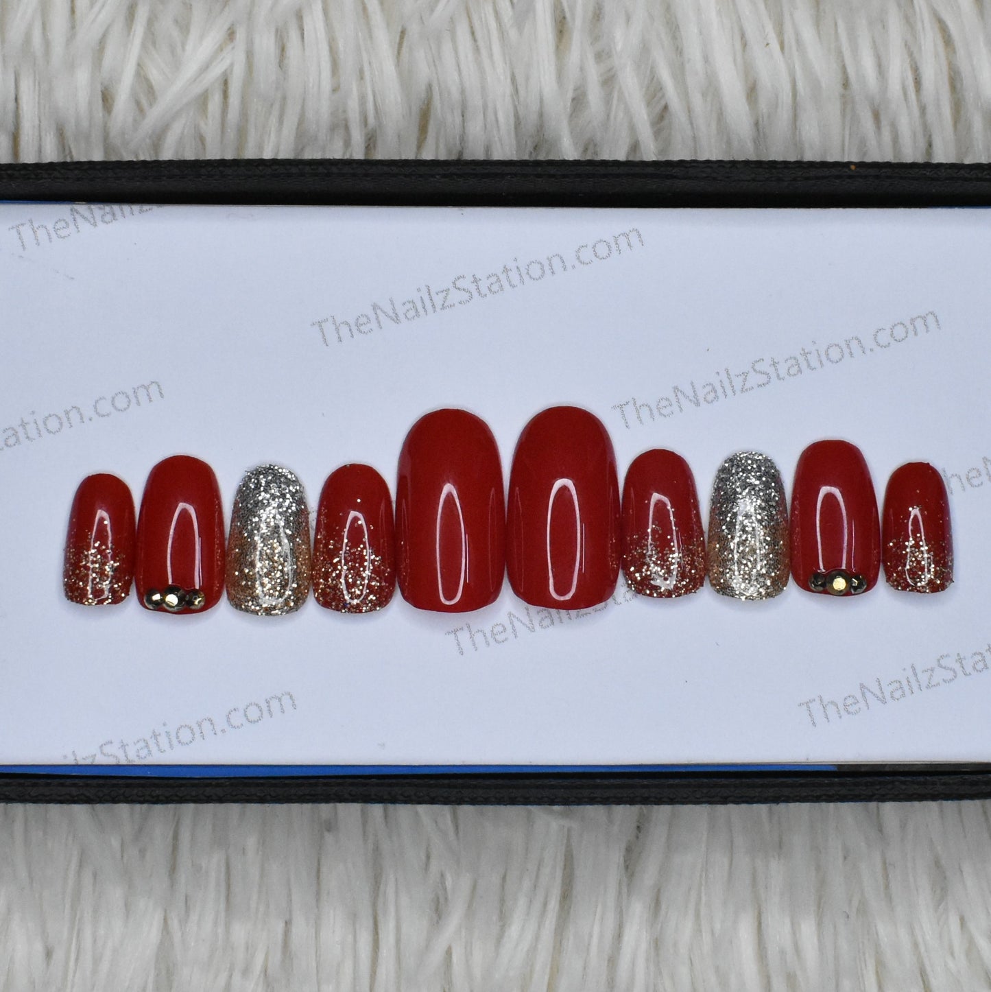 Glossy Red with Silver and Golden Glitter rhinestones Press on Nails Set //395