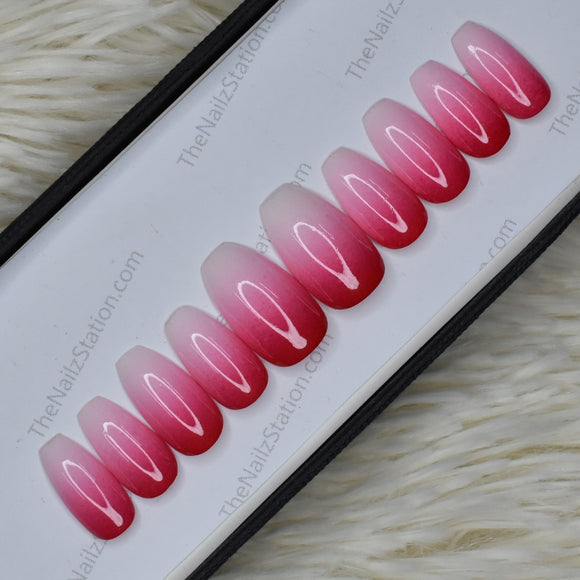 Glossy Red and White ombre Press on Nails Set // 426
