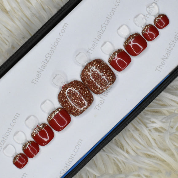 Glossy Red with golden french Press on Toe Nails Set // 382