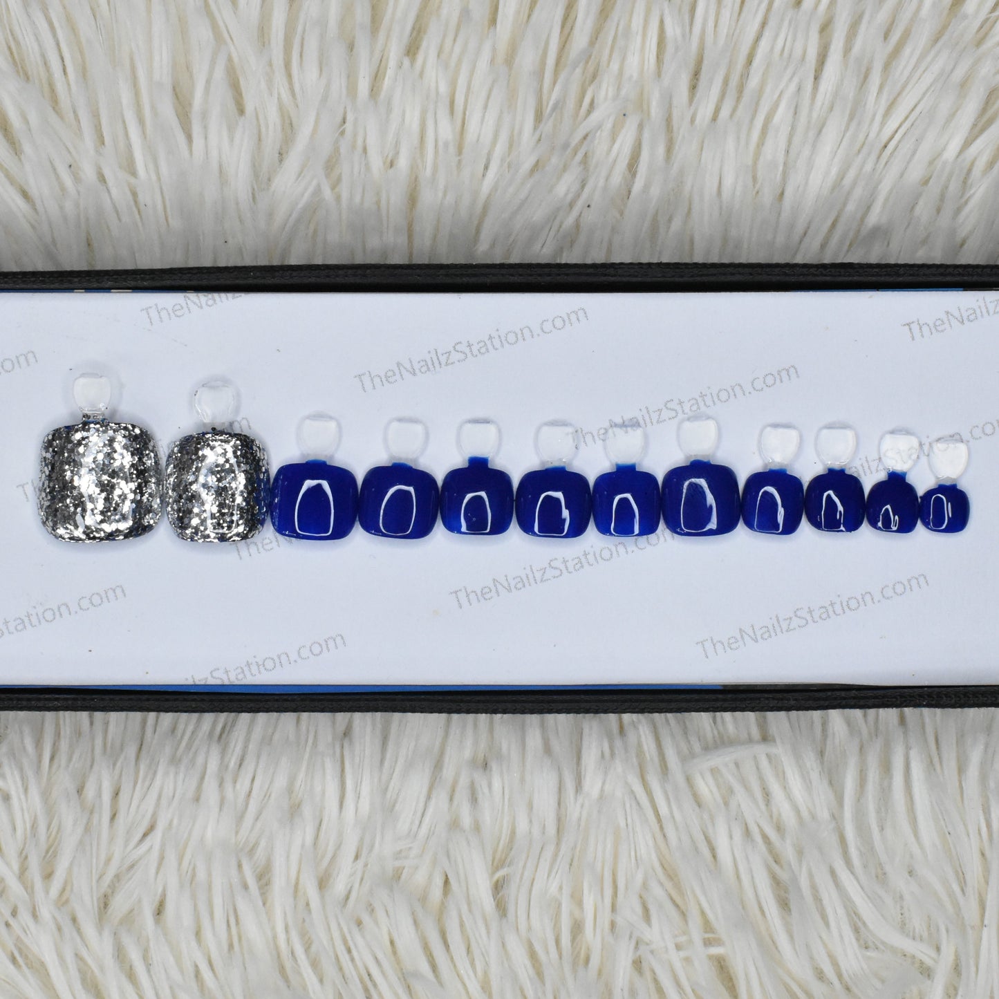 Glossy Blue with Silver Glitter Press on Nails for Toes