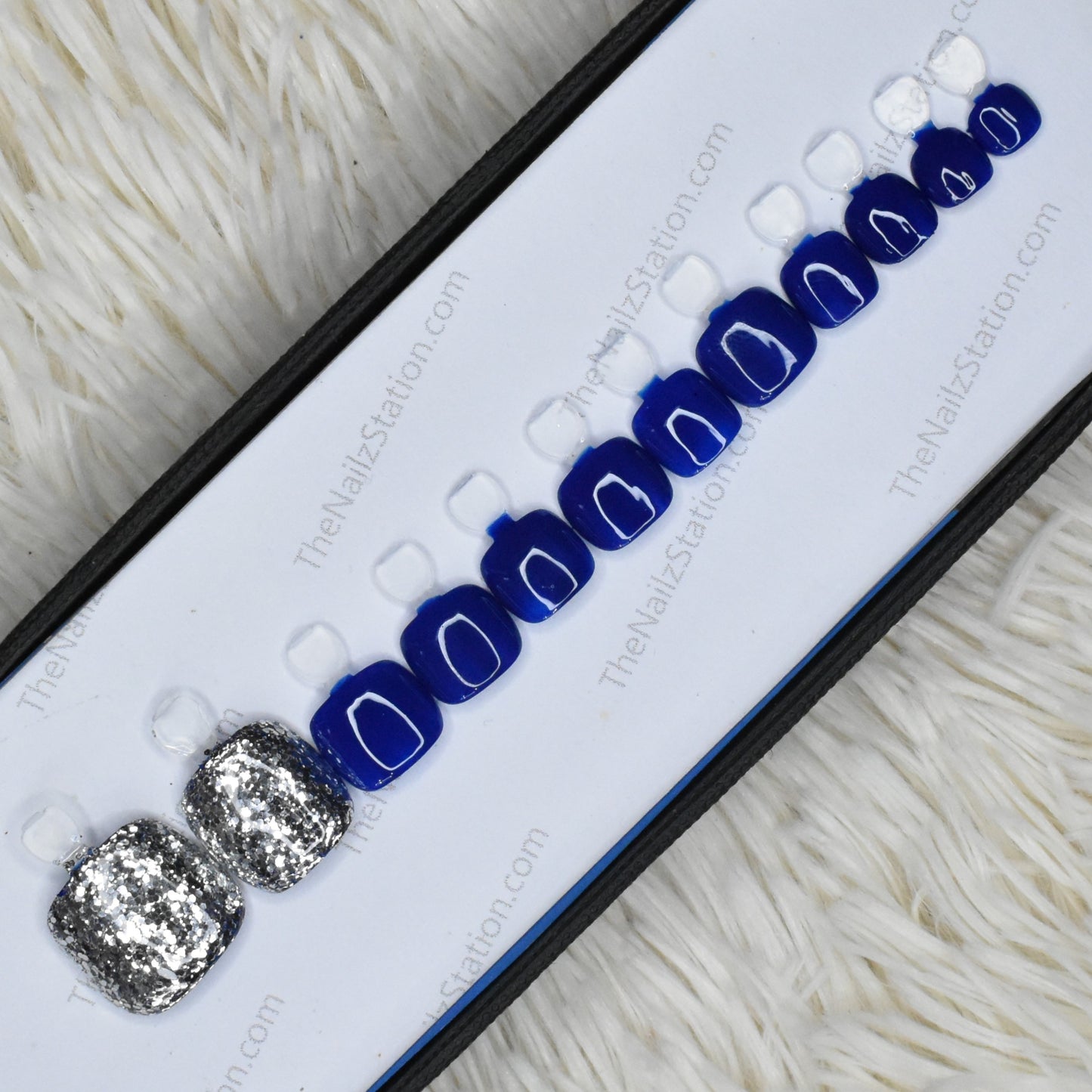 Glossy Blue with Silver Glitter Press on Nails for Toes