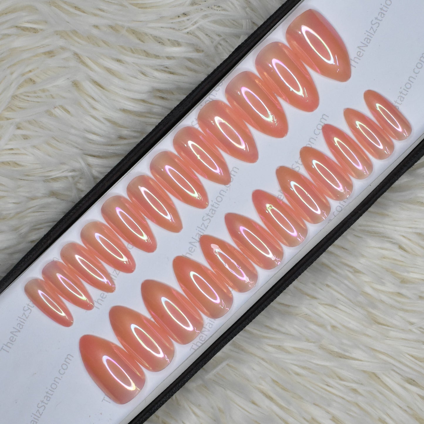 Peach Chrome Press on Nails Set in Almond ready to ship 272