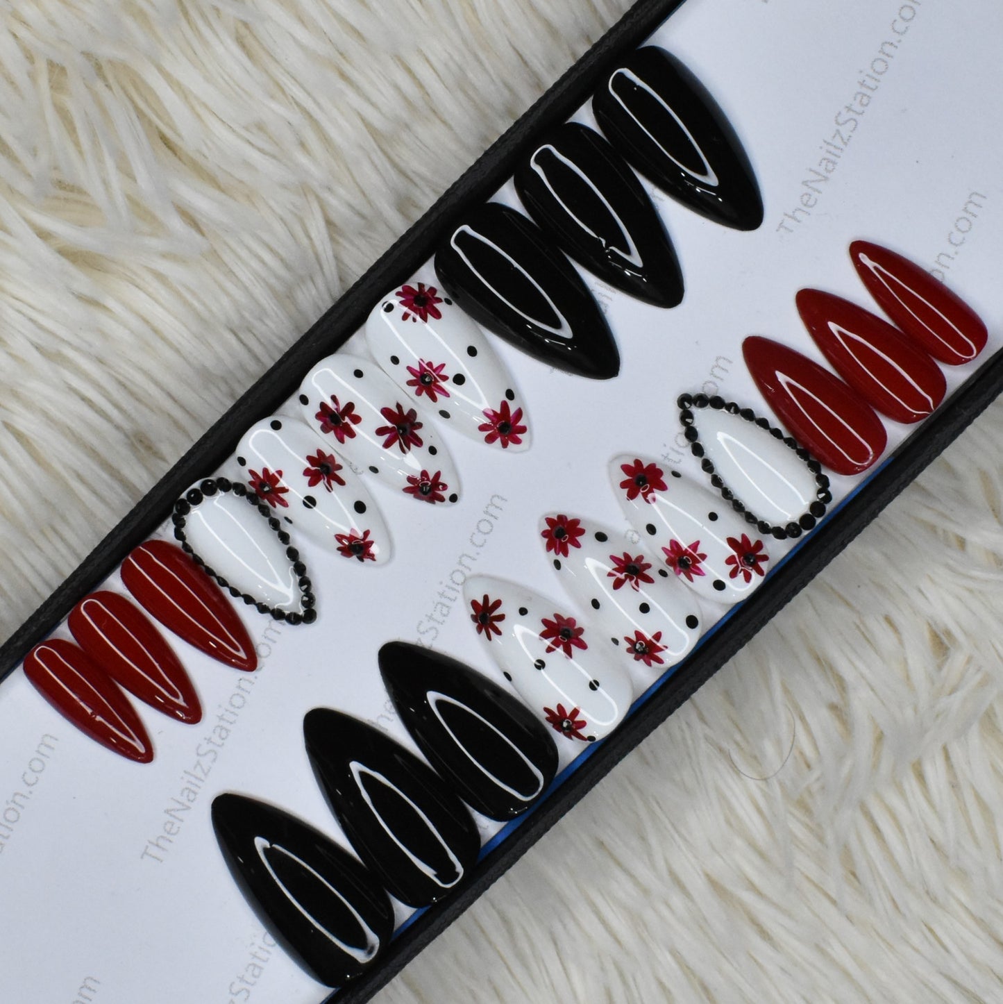 Glossy Red and Black Rhinestones Press on Nails Set // 411