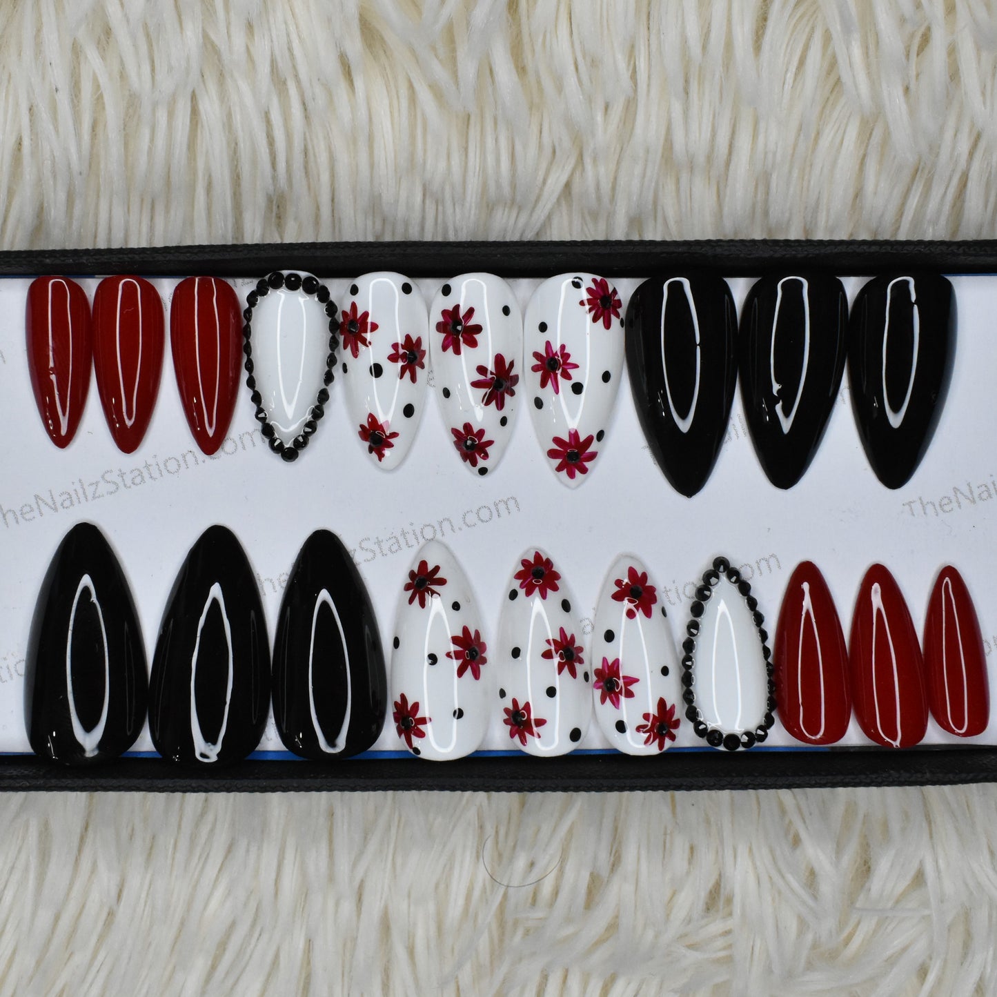 Glossy Red and Black Rhinestones Press on Nails Set // 411