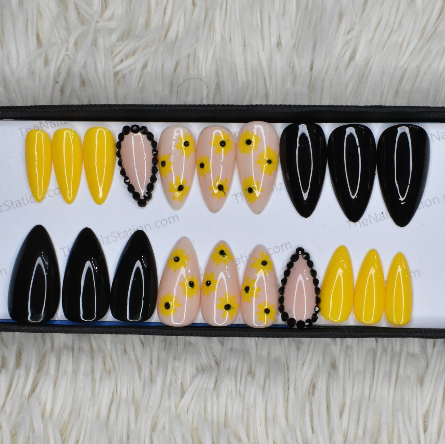 Glossy Yellow and Black Rhinestones Press on Nails Set // 414