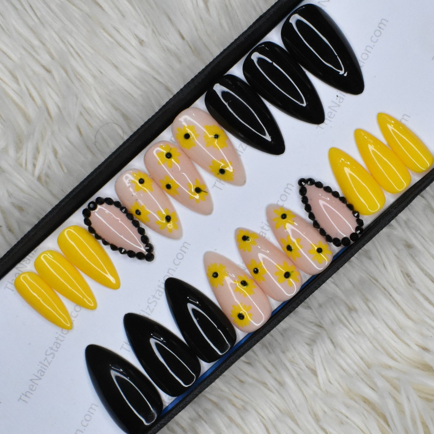 Glossy Yellow and Black Rhinestones Press on Nails Set // 414
