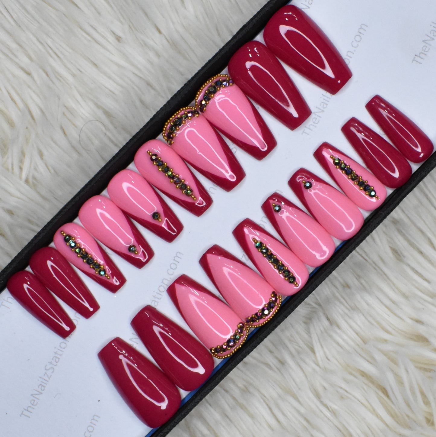 Glossy Pink French Rhinestones Press on Nails Set // 415