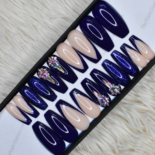 Glossy Blue French Rhinestones Press on Nails