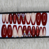 Glossy Red French Glitter Rhinestones Press on Nails Set 