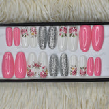 Glossy Light Pink Floral Silver Glitter Press on Nails Set // 338