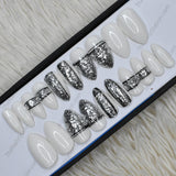 Glossy White Silver Glitter Press on Nails Set // 423