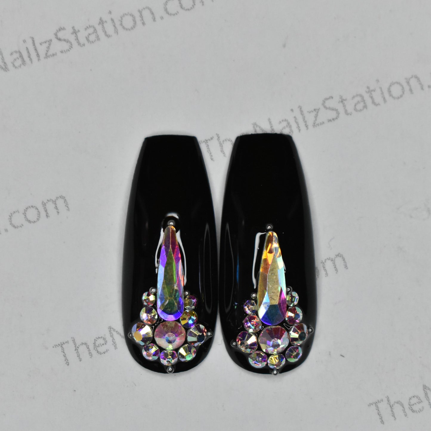 Pair of Glossy Black Rhinestones Replacement Press on Nails (2 pieces)