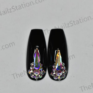 Pair of Glossy Black Rhinestones Replacement Press on Nails (2 pieces)