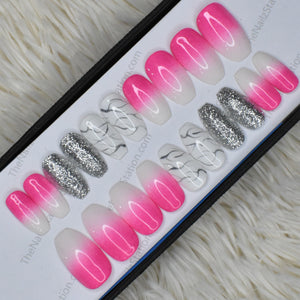 Glossy Pink and White ombre Marble Glitter Press on Nails Set // 427