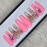 Glossy Light Pink Floral Rhinestones Press on Nails Set // 412