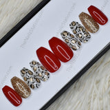 Glossy Red and White Animal Print Glitter Press on Nails // 407