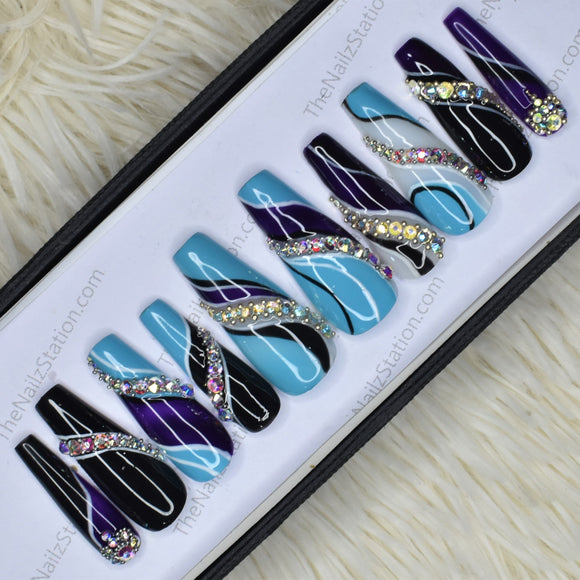 Blue and Purple with Rhinestones Press on Nails Set