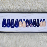 Glossy Blue French Glitter Rhinestones Press on Nails Set