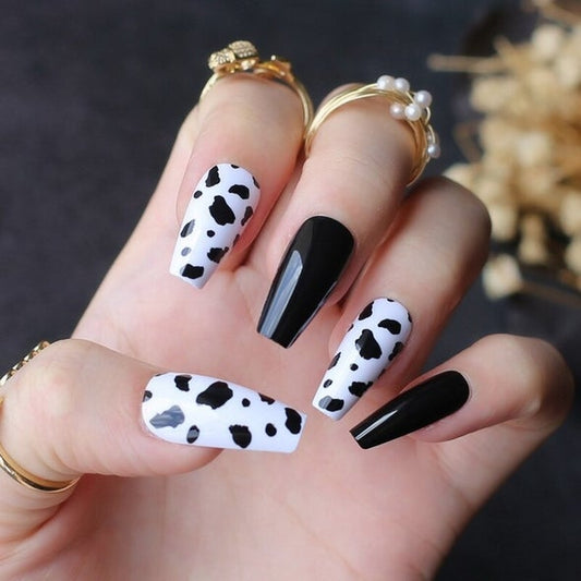 Glossy Black Cow Print Press on Fake Nails // tns246