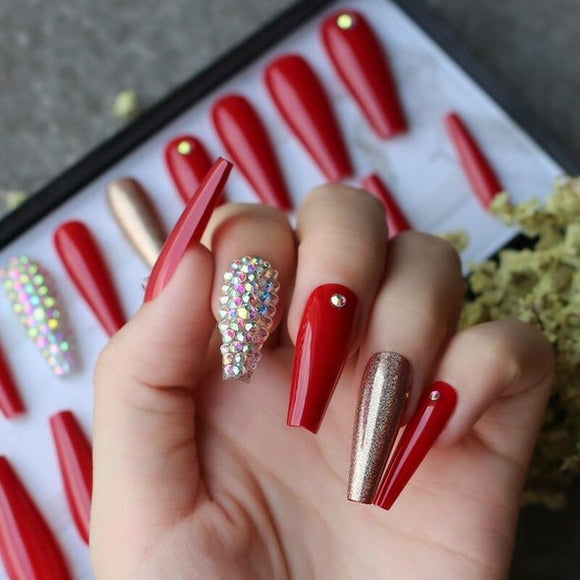 Glossy Red Studded Press on Fake Nails // tns251