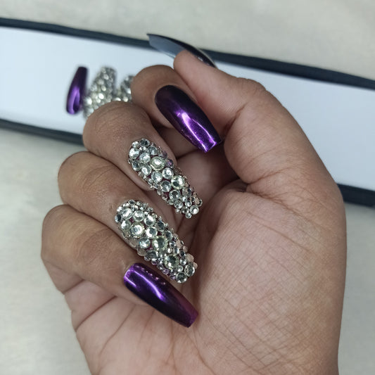 Lux Collection : Glossy Purple Chrome Rhinestones Press on Nails Set // 573