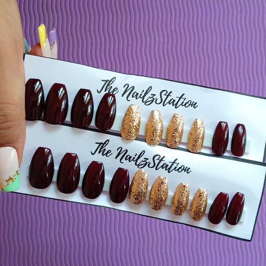Glossy Dark Maroon Golden Glitter Press on Nails Set (20 nails / Coffin)
